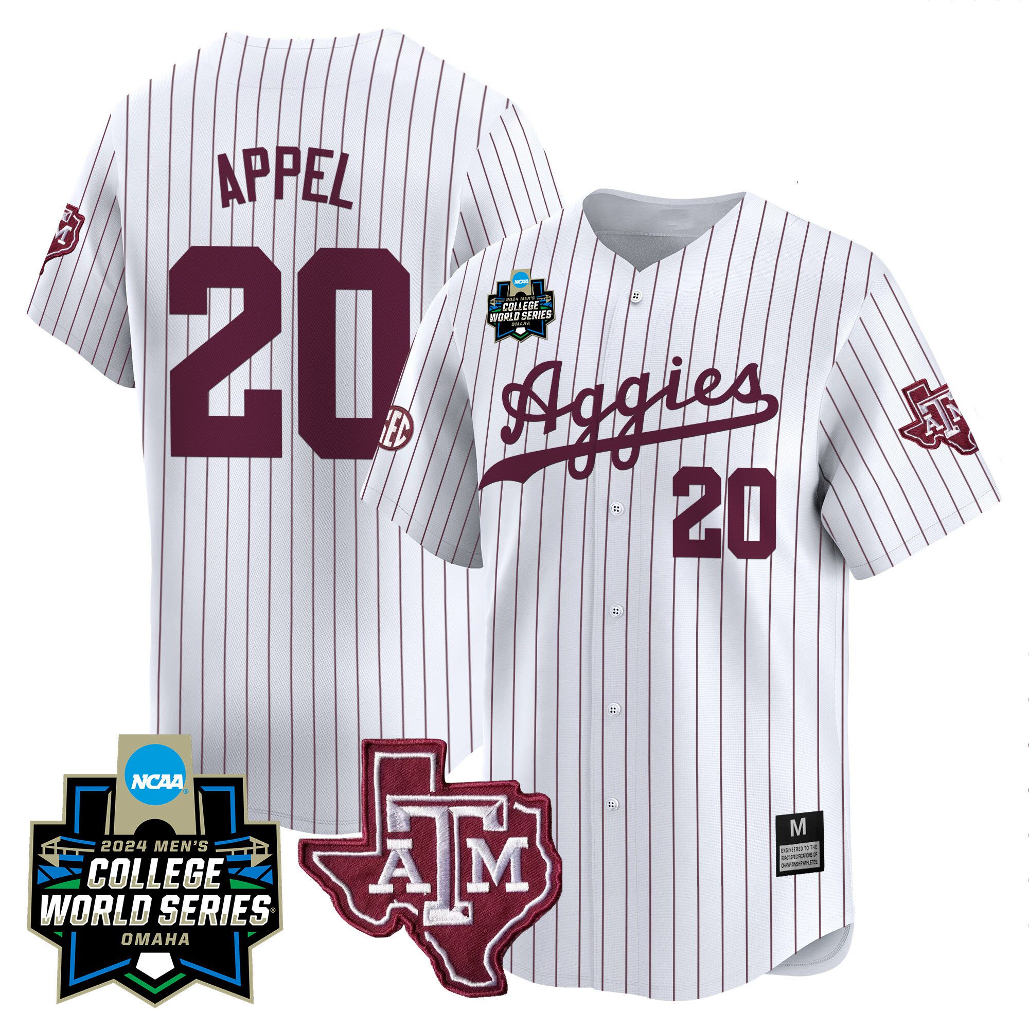 Men Texas A&M Aggies #20 Appel White Stripe 2024 College World Series Vapor Premier Limited NCAA Jersey